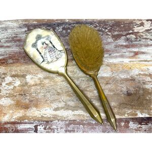 Antique Victorian Vanity Hand Mirror and Brush Set Gold Tone